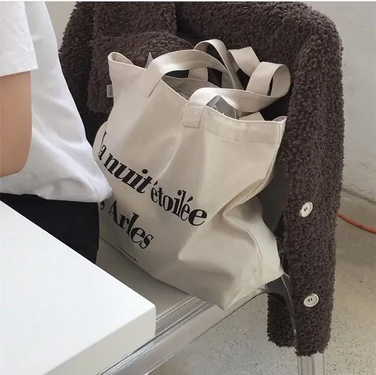 1 Pc  Women Letter Print Tote Korean Style Female Shoulder Bag Canvas Casual Small Tote Bag Reusable  Student Shopping Bag