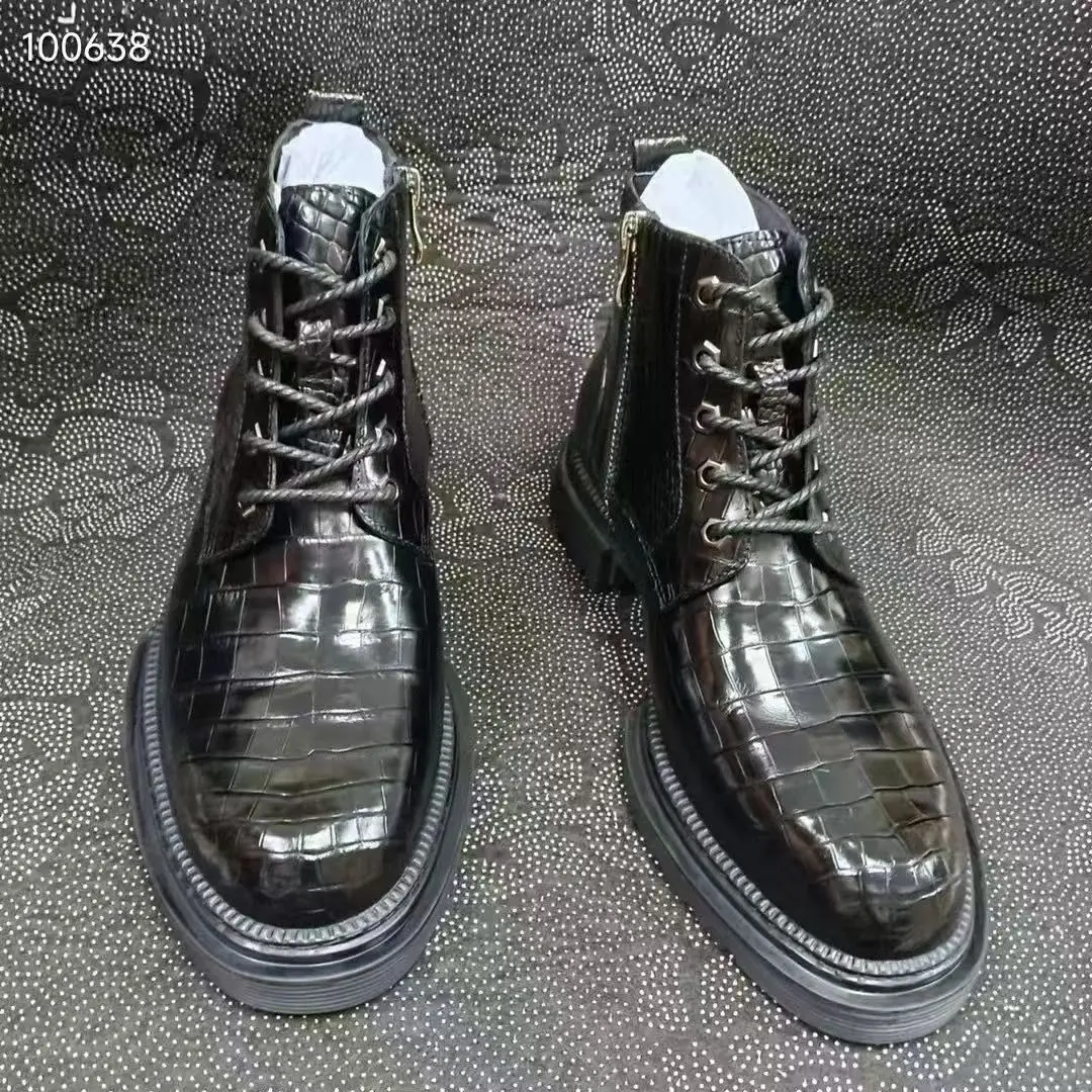 Luxury Crocodile Skin Men's Winter Boots 100% Genuine Real Alligator leather Cow skin Lining Handmade Version Anti-slide Sole