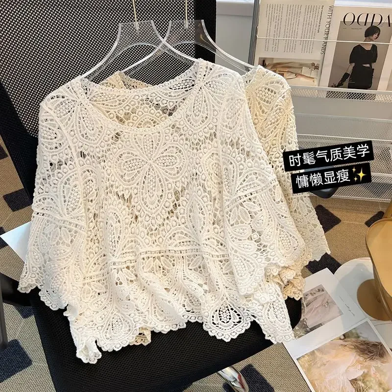 Hollow out knitted sweater for women\'s summer new Korean version loose short half sleeved crochet sun protection top shawl