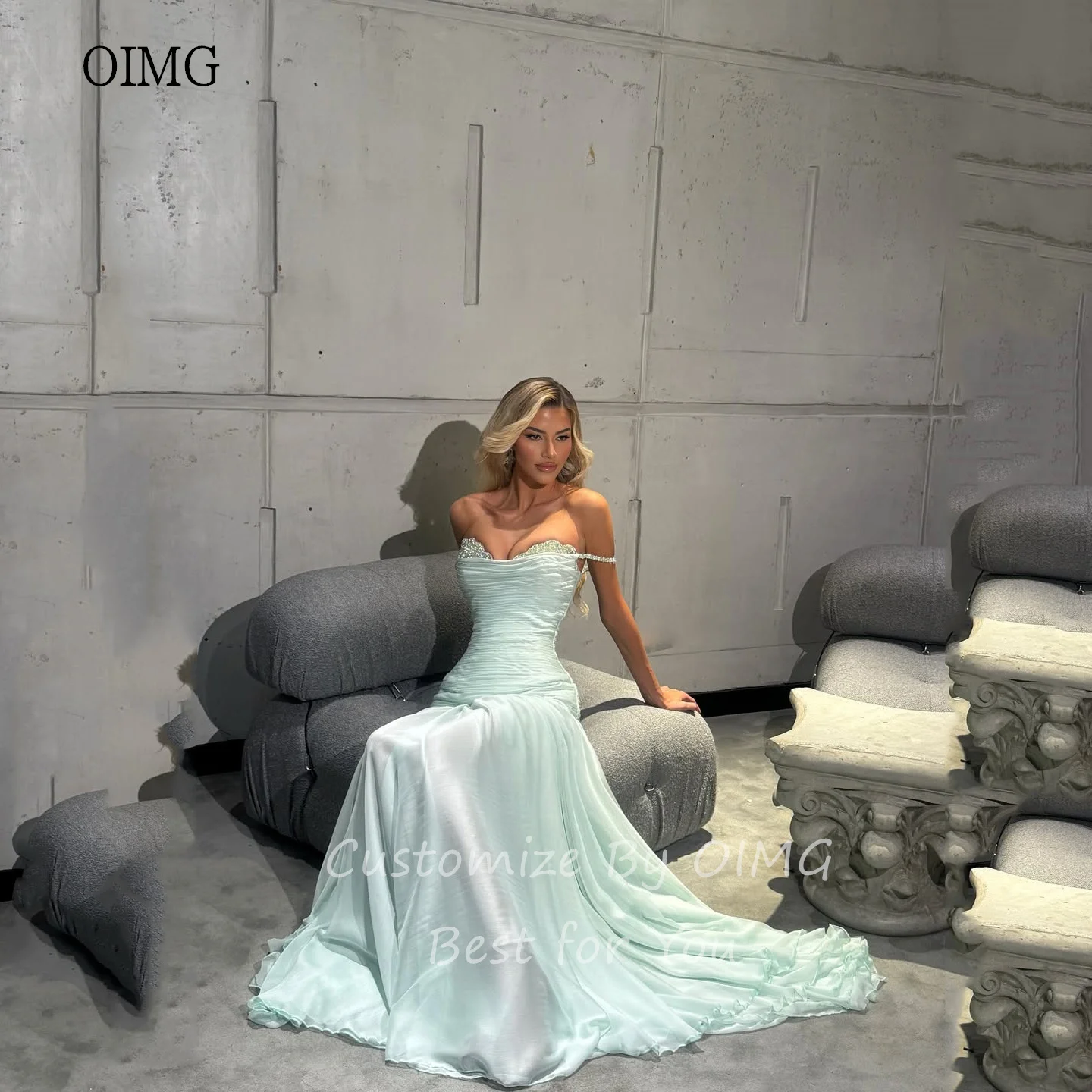 OIMG Regal Off The Shoulder A Line Prom Gowns Sequined Neck Pleated Party Gown Vacation Floor Length Evening Dress Customized image 6