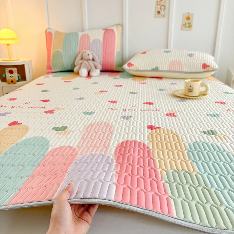 라텍스 두꺼운 퀼트 매트리스 매트, 시원한 미끄럼 방지 침대 시트, 베개 커버가 있는 귀여운 어린이 침대 시트, 여름 인쇄, 2 개, 3 개 