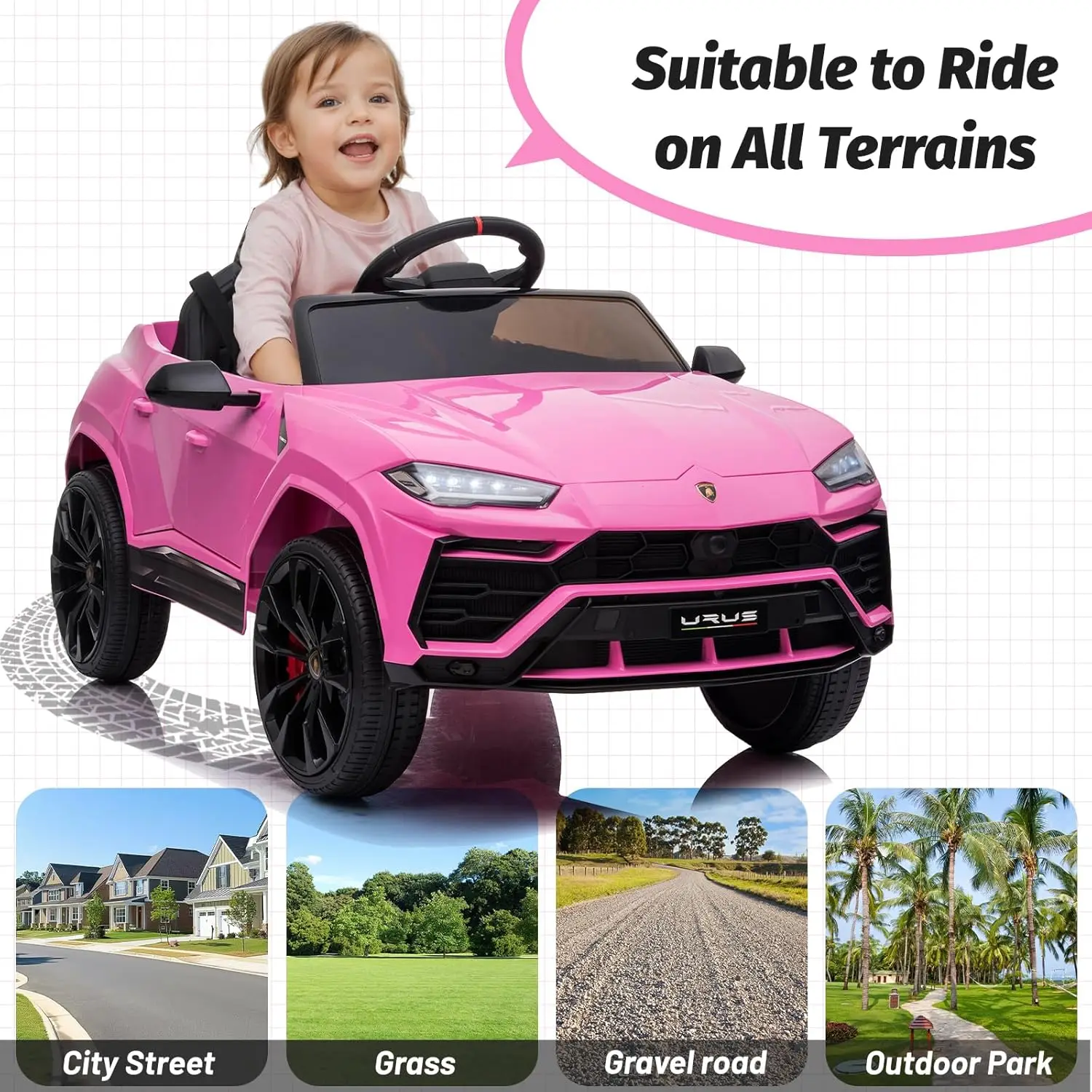 Coche eléctrico Urus con licencia para niños de 12V, vehículo de juguete/control remoto para padres, puerto USB, AUX, suspensión de resorte, Op