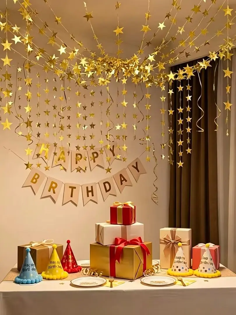 1 Stück 4 m/157,48 Zoll glänzende Stern-Papiergirlande, Banner in Gold und Silber, Wimpelkette für Duschraum, Hochzeit, hängende Dekoration – Detail 1