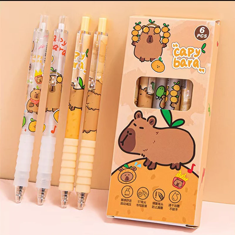 6Pcs Cute Capybara Gel Pen Writing Smooth Quick-Drying Black Ink Writing Soft Pen Grip School Supplies Aesthetic Pens Stationery