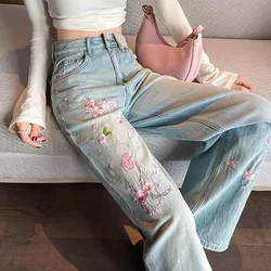 Pink flower embroidered jeans female 2024 early autumn new Chinese high waist slim wide-leg pants washed light straight pants.