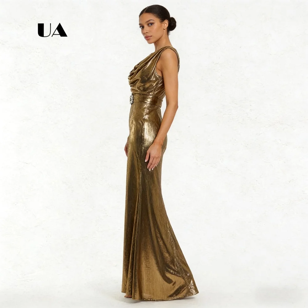 Vestido de baile trompete elegante, vestidos de noite de camisa metálica sem mangas para mulheres, vestido de festa personalizado com gola oscilante e cinto