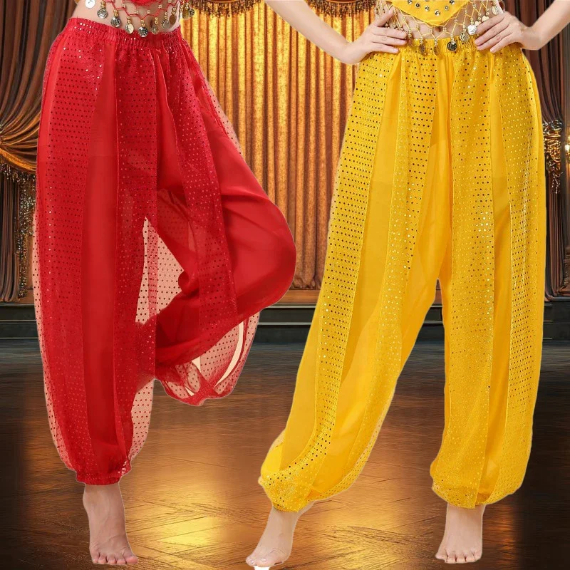 Vrouwen Chiffon Buikdans Harembroek Arabisch Halloween Lantaarn Glanzende Pailletten Broek Fancy Broek Bloeiers Broek Voor Dansen