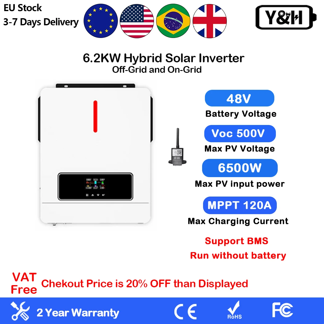 Y&H 6200KW Hybrid Solar Inverter 48VDC AC220V Two Load Output Power MPPT 120A Max PV Power 6500W Input Run Without Battery