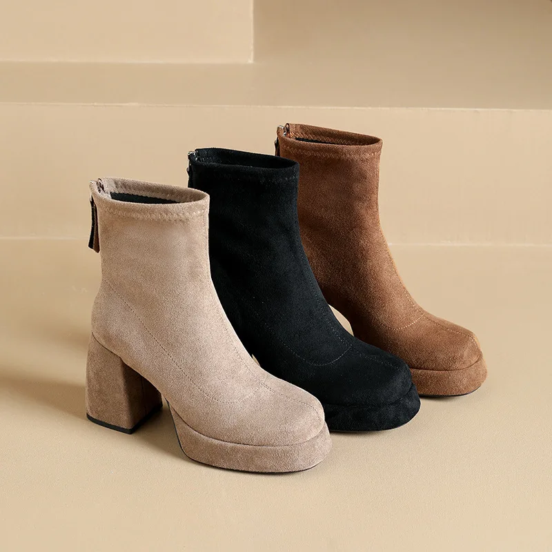 

French Style High Heel Short Boots Women's Winter Fashion Thick Bottom Fleece Lined Slip Resistant Boots Increased Height