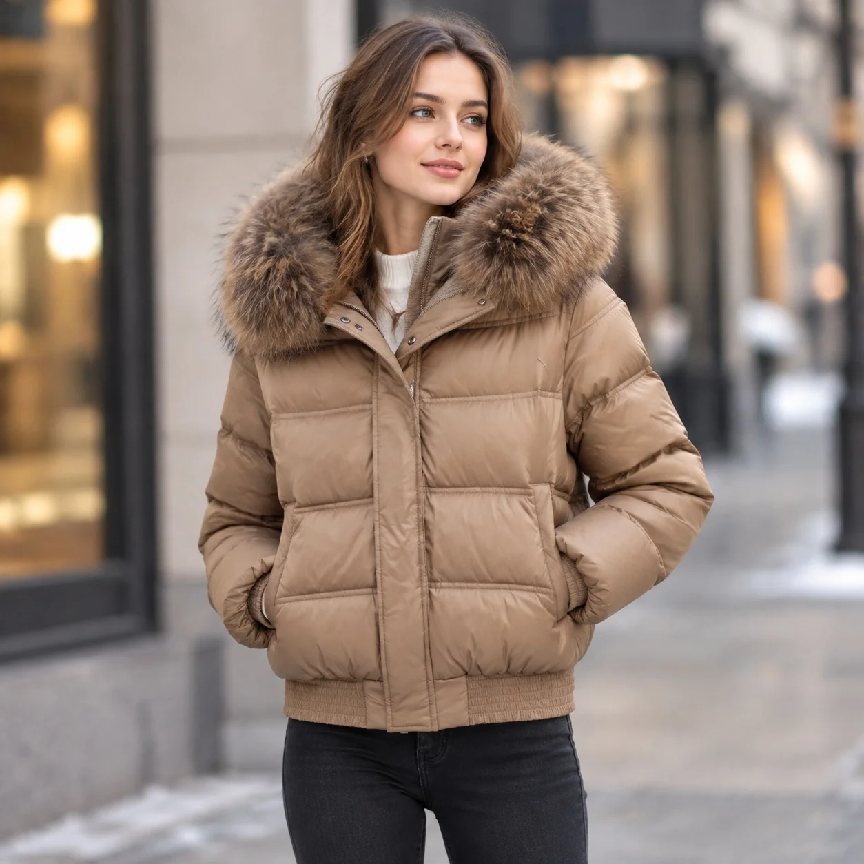 Hooded Pocket Coat Slim Fit Urban with Short Length Zipper Commuter Chic Cropped Long Sleeve Women Winter Coat