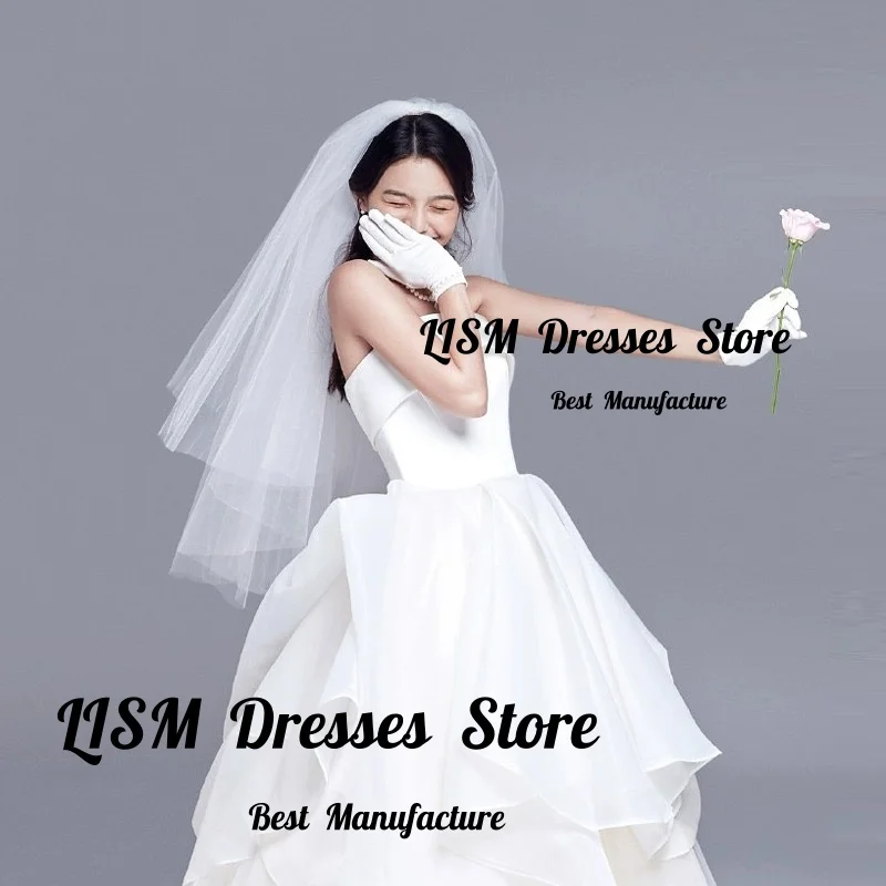 Lism Customized Simple Korean Wedding Dresses with Veil Strapless Draped Organza Tulle A-Line Photo shoot Bridal Reception Gown