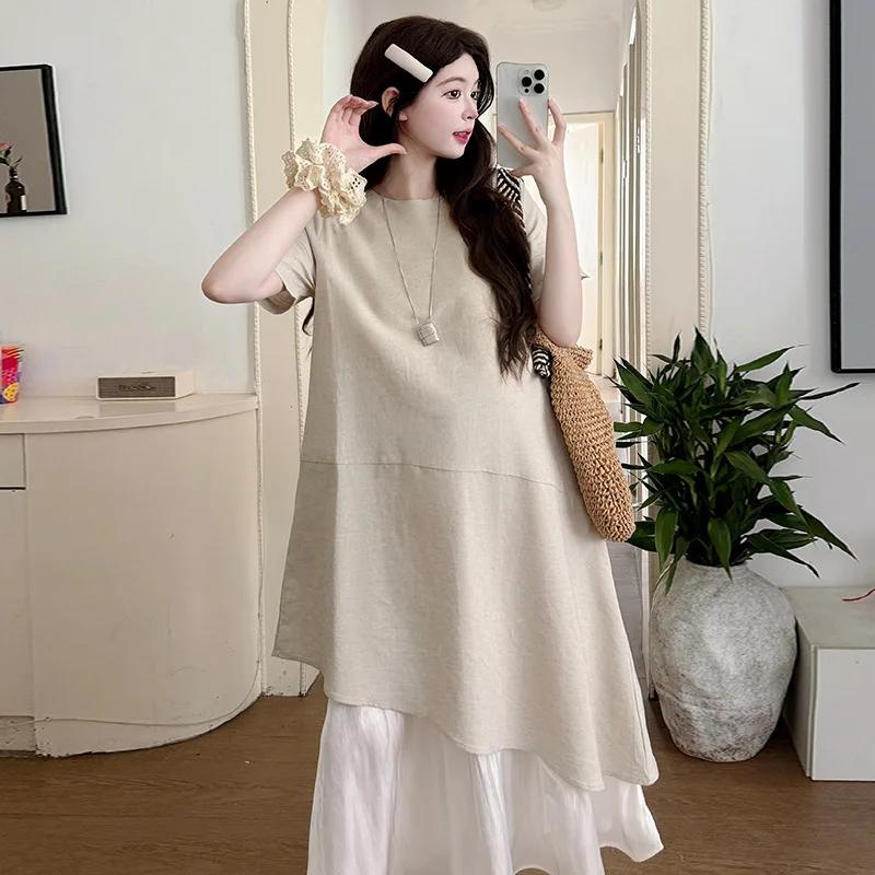 Maternity Dress Summer Fake Two Piece Loose Breathable Casual Patchwork Short Sleeve Dress for Pregnant Women 2026