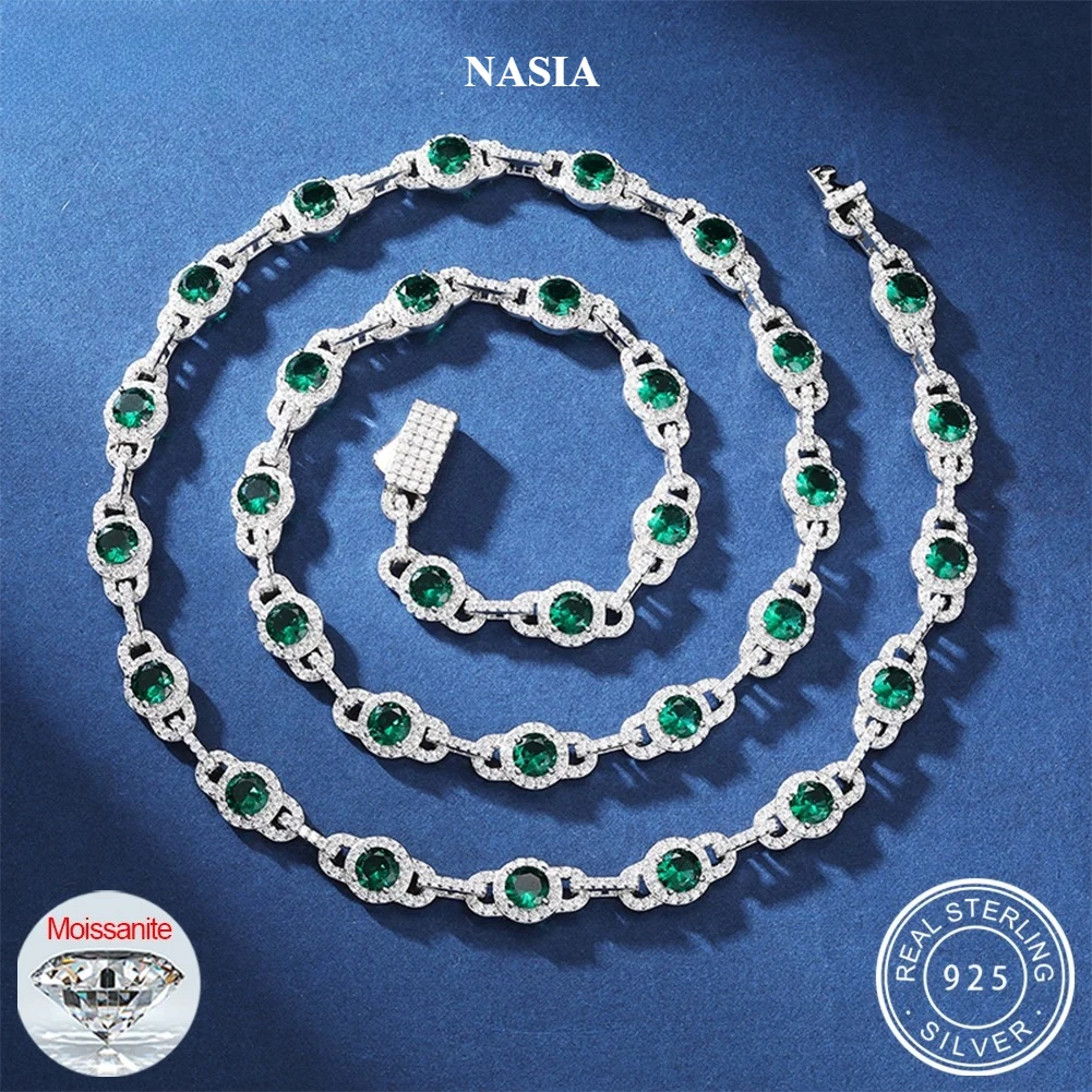 Pulsera NASIA de Plata de Ley 925 con Cadena de Eslabones y Moissanita D VVS de 7mm con Incrustaciones de Circonitas Verdes Redondas para Hombre y Mujer, Joyería 2026