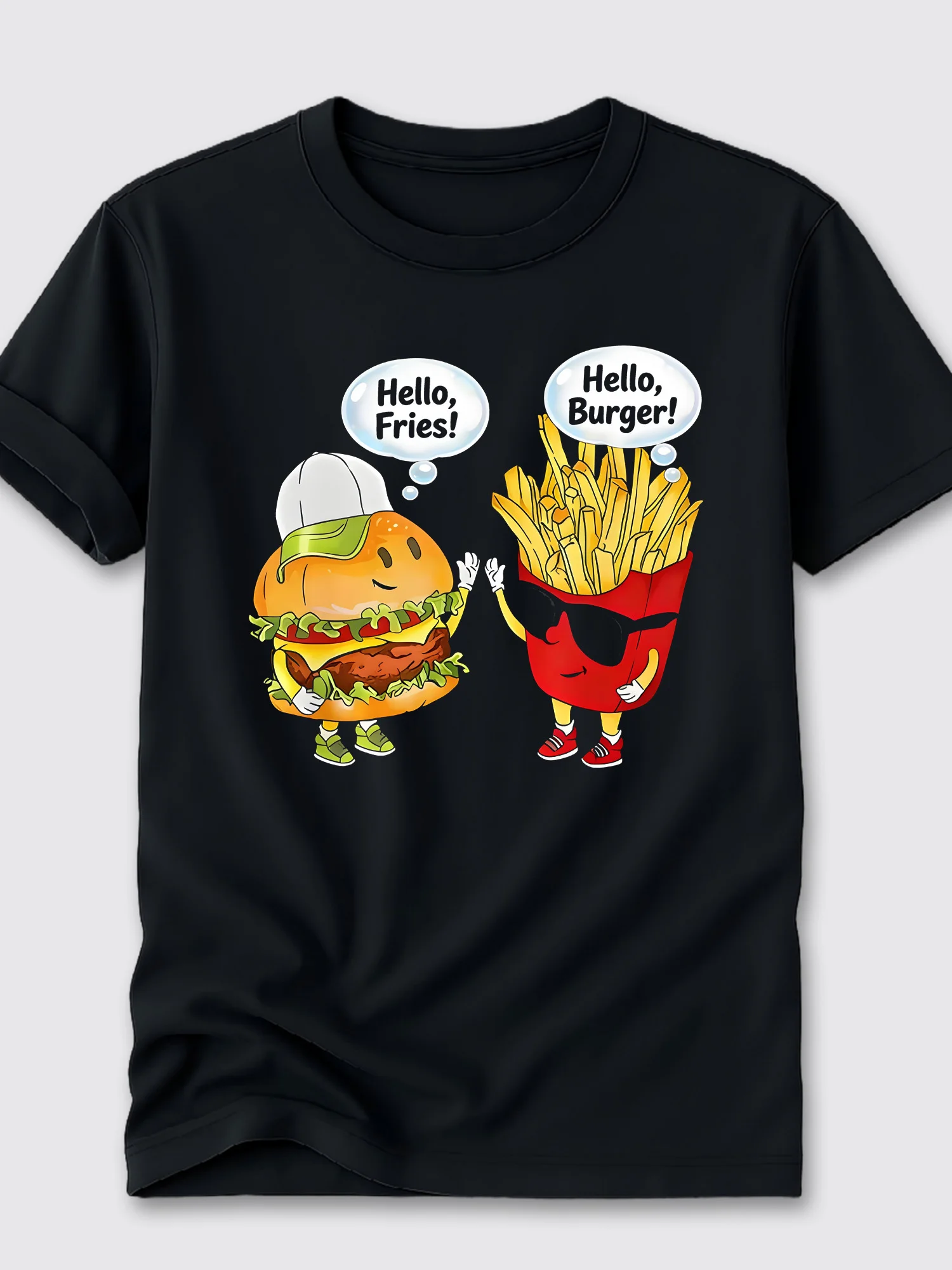 Trendy Printed Pattern T-Shirt for Men Featuring Hamburgers And Fries, Perfect for Casual Summer Outings, Vacations, And Camping
