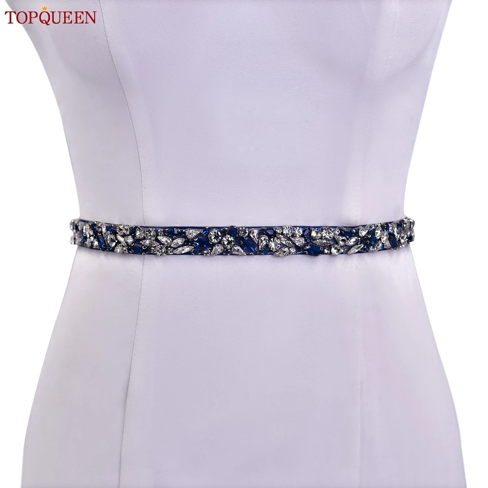 TOPQUEEN-cinturilla fina nupcial para mujer, cinturón de boda con diamantes de imitación azules, decoración de escenario, S85-ML