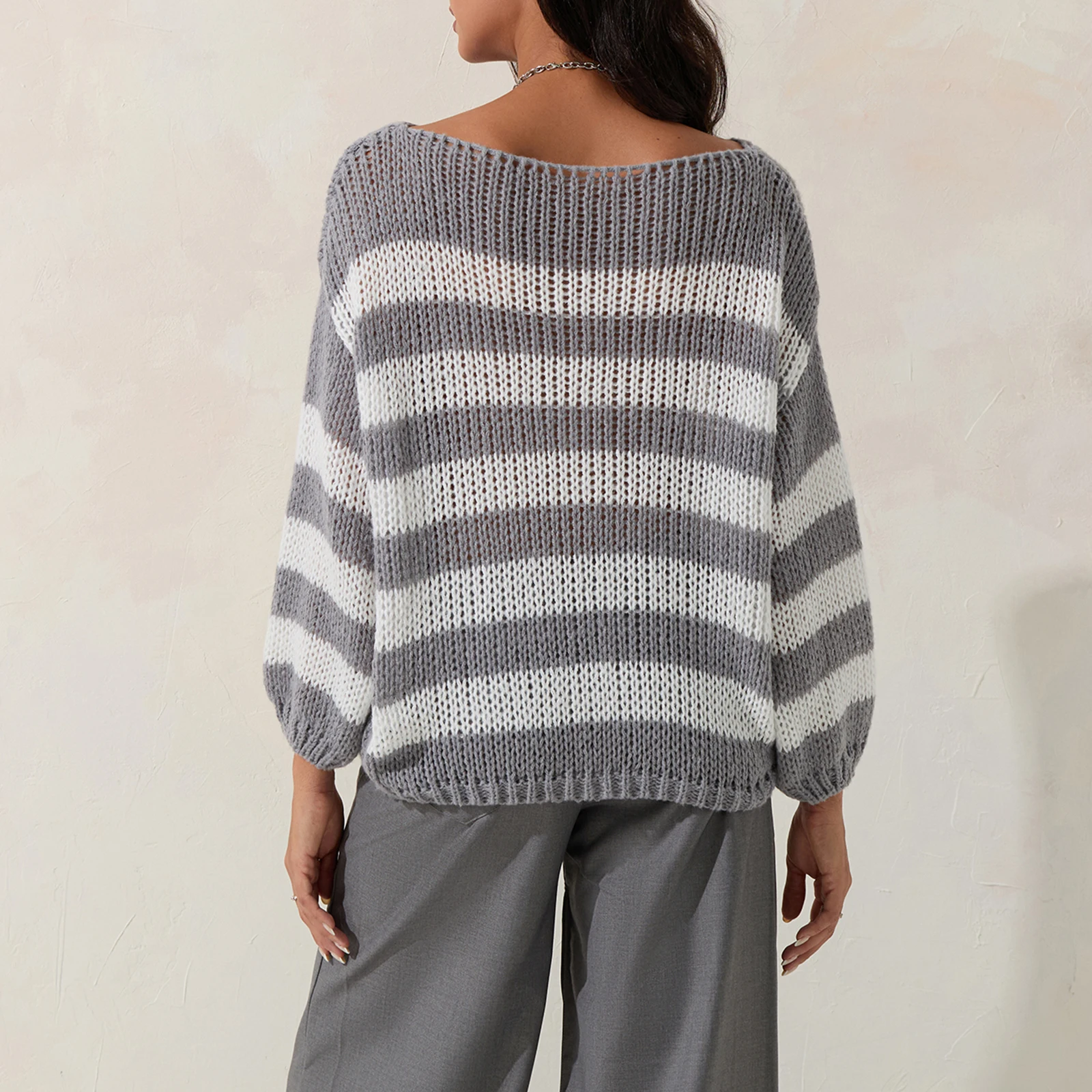 Women's Striped Sweater Vintage Boat Neck Long Sleeve Baggy Pullover Tops Fall Winter Knitwear Female Club Streetwear