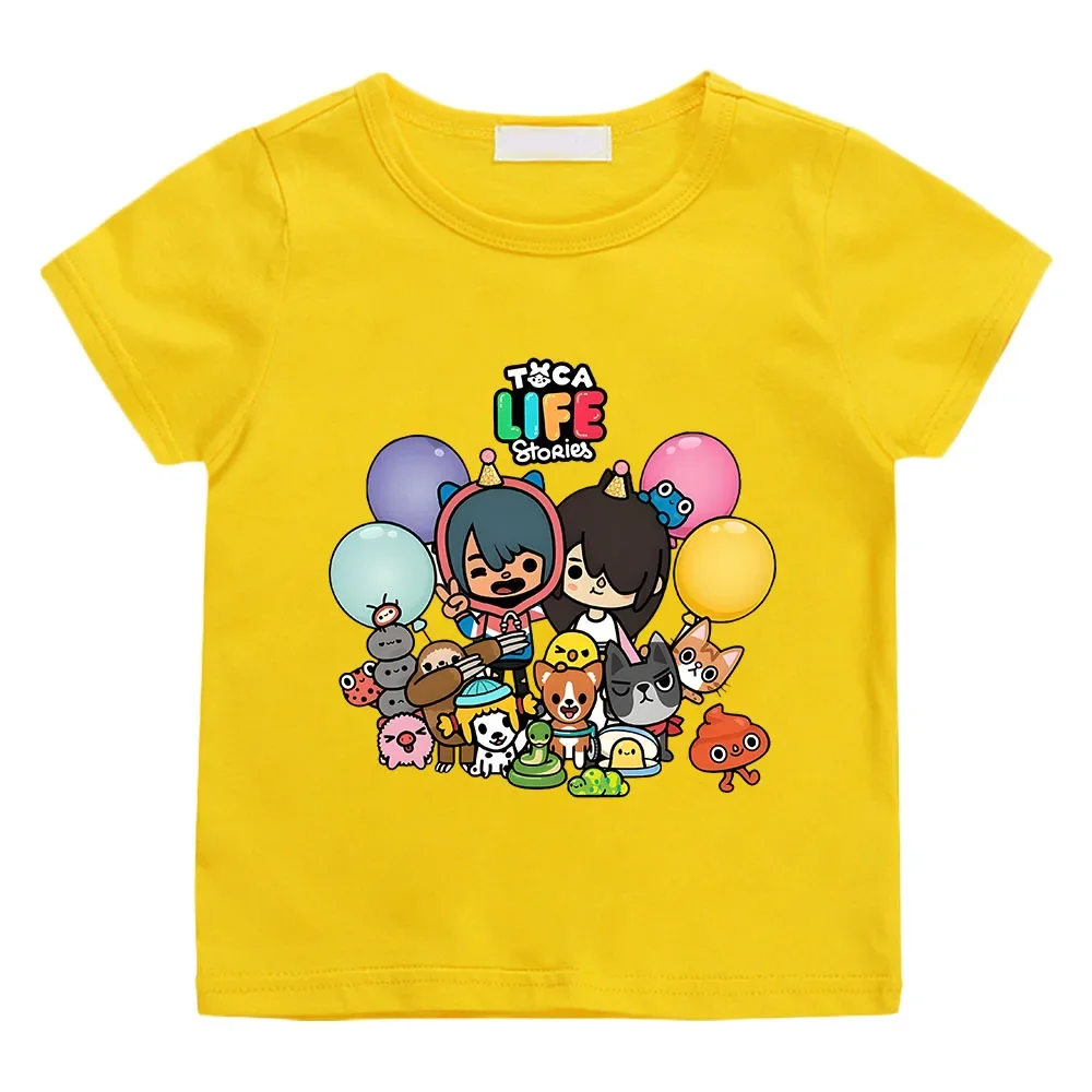 Desenhos animados gráfico impresso t-shirt para meninas e meninos, manga curta, confortável, versátil, roupas de verão, jogo, Toca, Boca e Gacha, mundo da vida