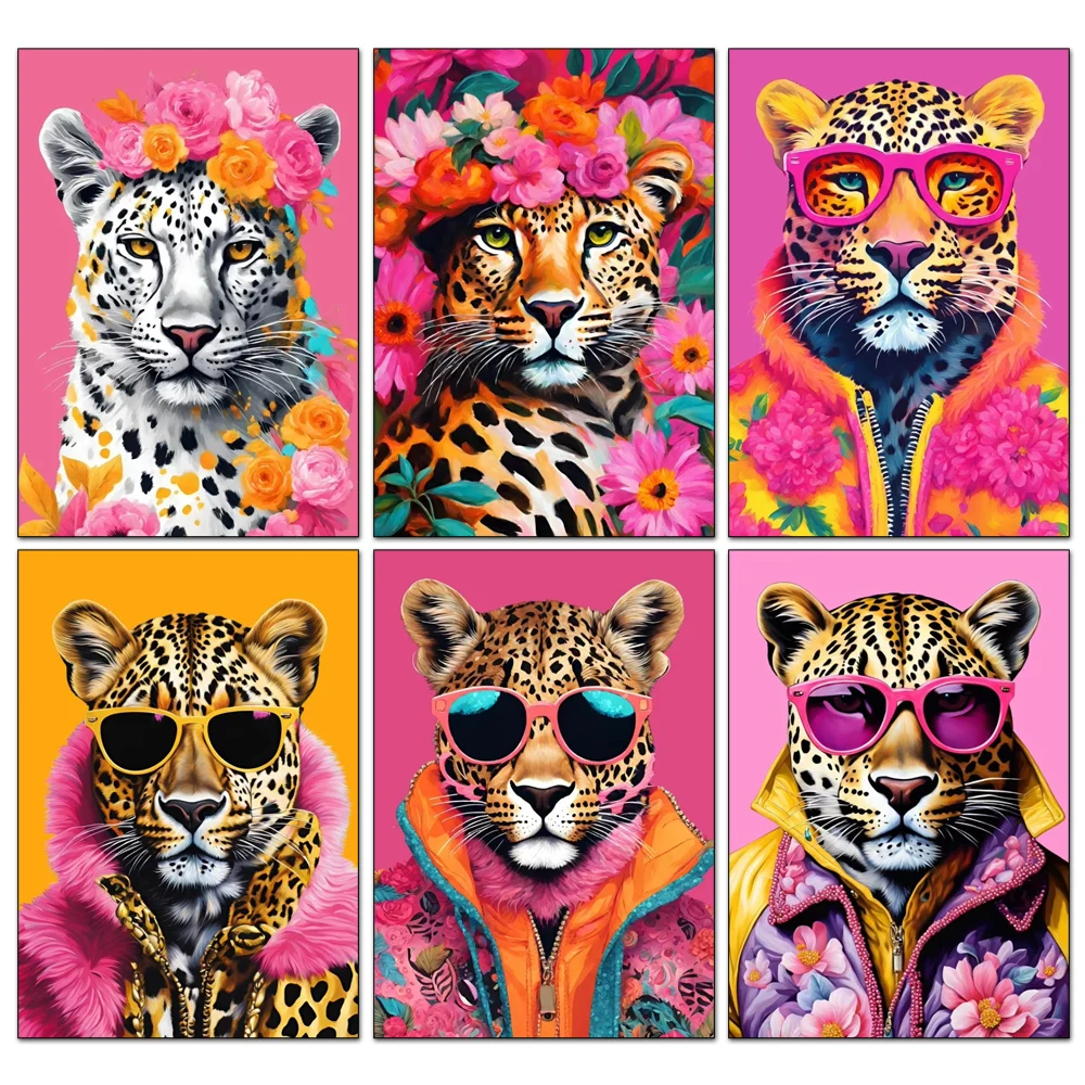 5D DIY  Diamond Embroidery Pink Leopard and Peacock Diamond Painting Animal Theme Cross Stitch Set  Art Decoration Gift