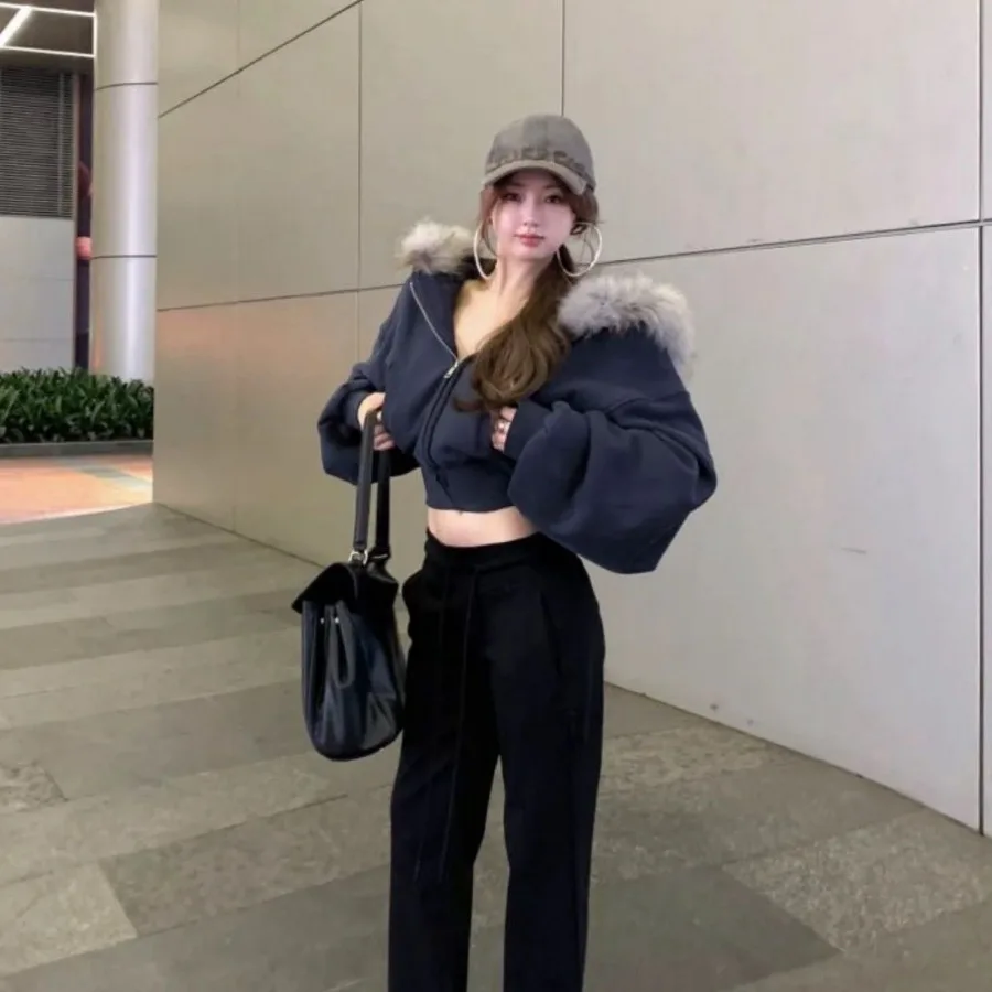 Y2k Cropped Jacket Vintage Fur Collar Short Sweatshirt Zip Hoodies Autumn Winter New Design Cardigan Coat Grunge Kawaii Clothes