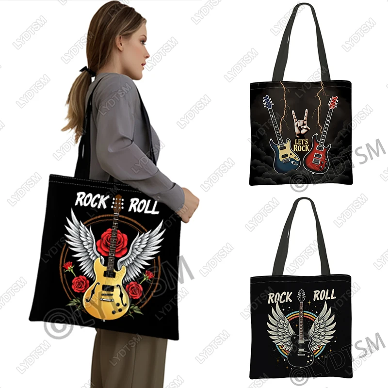 Cool Guitar with Angle Wings Graphic Print Shoulder Bag Large Capacity Handbags for Travel Female Tote Bag Casual Shopping Bags