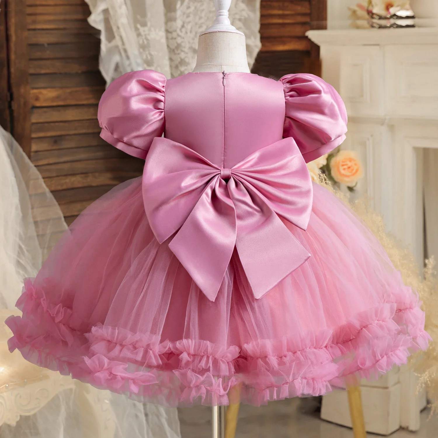 Summer Toddler Girl Dress Evening Bow manica a sbuffo Kid Princess Dress Baby Birthday Party Costume 1-5Y neonate abbigliamento per bambini