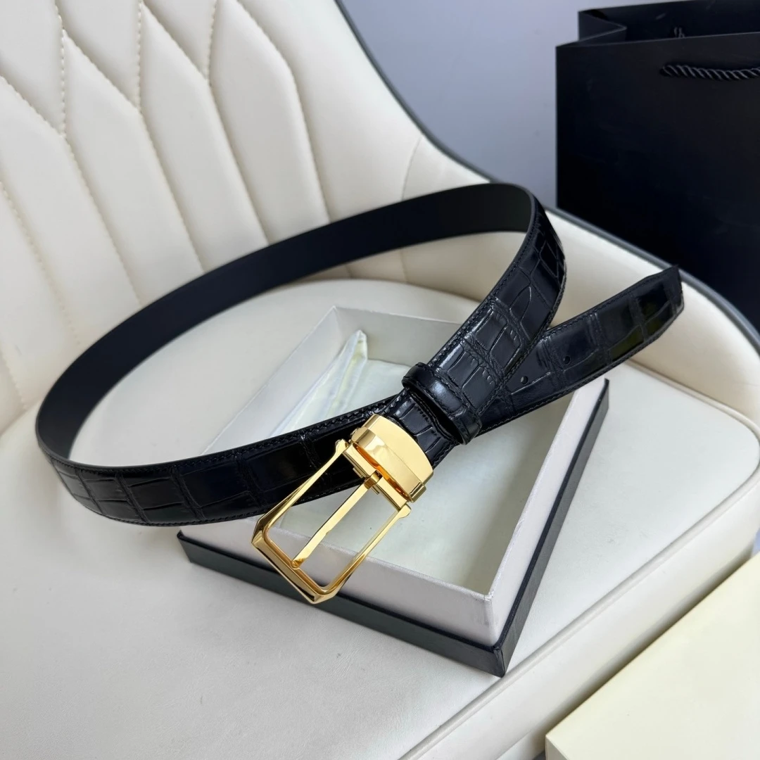 Gift Luxury Brand Men's Reversible Leather Belt Rotatable Pin Buckle Crocodile Embossed Business Formal 35mm Casual Waist Strap