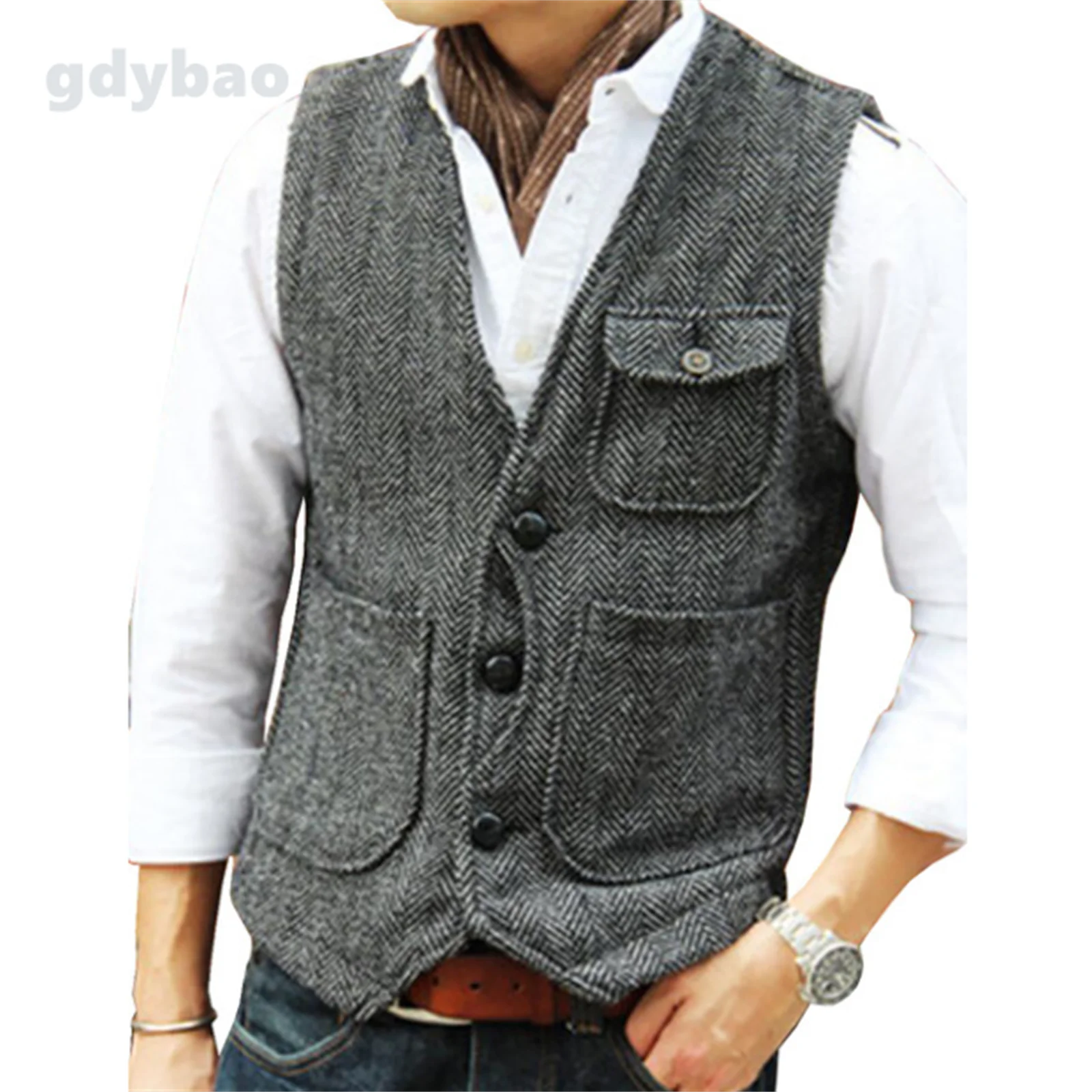 Men\'s Vest Burgundy Herringbone Tweed Tailored Collar Double-Breasted Vests Coffee Business Waistcoat for Men Clothing