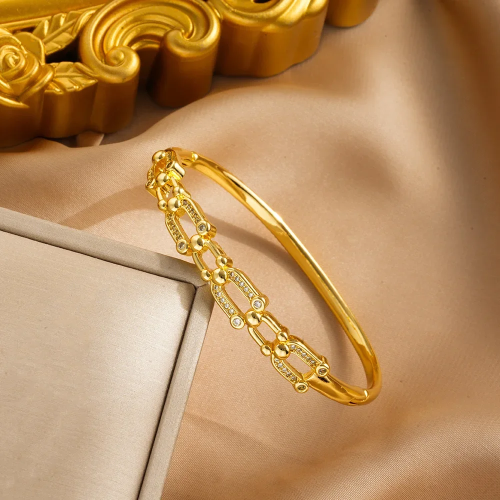 سوار ذهب مرصع بالذهب، سوار بإبزيم على شكل حدوة حصان مطلي بالذهب الخالص للنساء، سوار فاخر خفيف