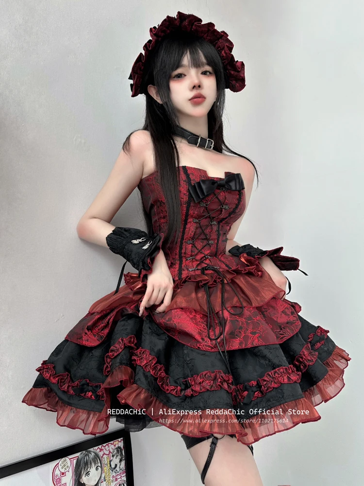 ReddaChic Victoria Retro Princess Lace Up Bow Corset Tube Top Jacket Ruffle Cake Miniskirt Petticoat Goth Lolita Women Dress Set