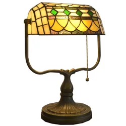 American Retro Old Shanghai Nostalgic Bank Lamp LED Warm Light Stained Glass Shade Metal Base Bedroom Bedside Lamp Desk Lamp