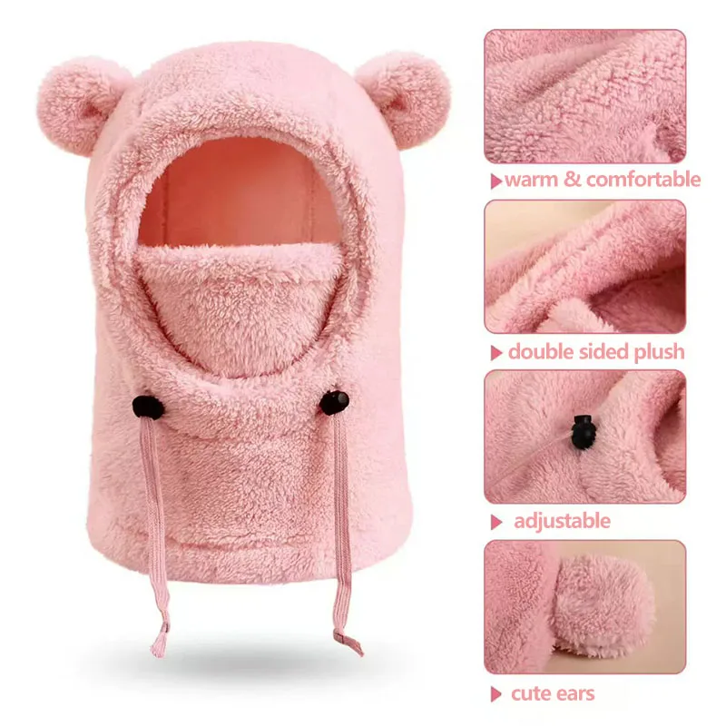 Bärenohren Kapuze Herren und Damen Herbst Winter Polyesterfaser Halstuch und Maske Integrierte Mütze Kinder warme kalte Hüte – Detail 3