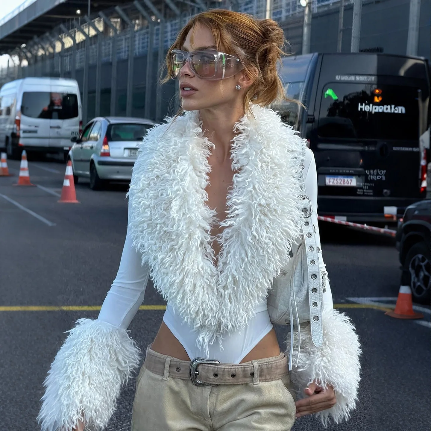 2026 Autumn New Women's Fashion Solid Color Fur Collar Long Sleeve Sexy Irregular Jumpsuit Women's Sexy Club Bodysuit Onesie