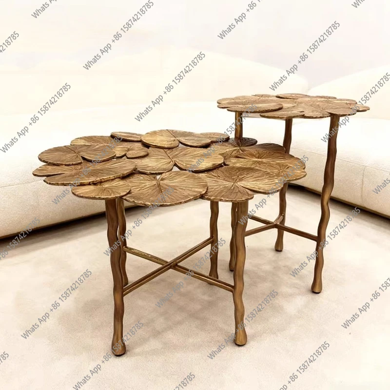 Light luxury pure copper forged lotus leaf pattern coffee table hotel villa home living room special-shaped side table