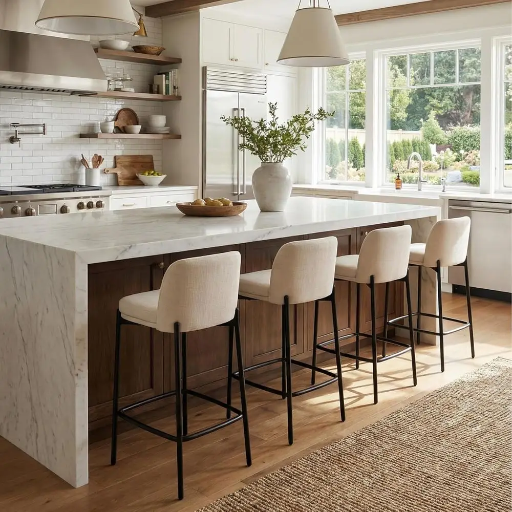 

Набор из 4 бежевых льняных барных стульев с изогнутой спинкой и черным металлическим каркасом для кухонного острова или столовой