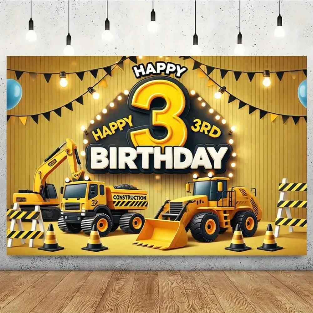 Alles Gute zum 3. Geburtstag Gebäude Thema Hintergrund Banner, Bagger Bau Thema 3. Geburtstag Party Fotografie Prop Hintergrund – Detail 3