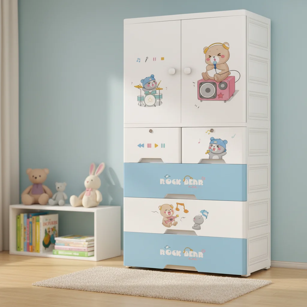 5-Layer Dresser For Baby Clothes Storage Wardrobe Cartoon Bear Printing Plastic Wardrobe For Children Bedroom Furniture