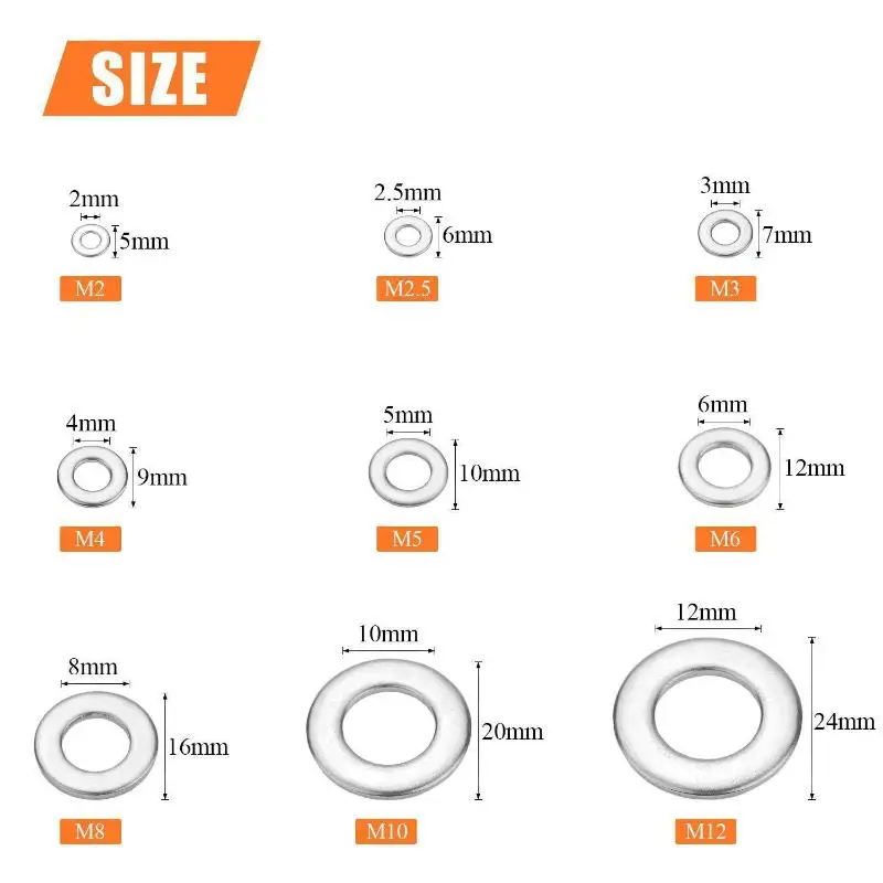 Stainless Steel Flat Washer Assortment Kit Premium Material Multi Sizes for Garden Equipment Repair Home Renovation Factory Work