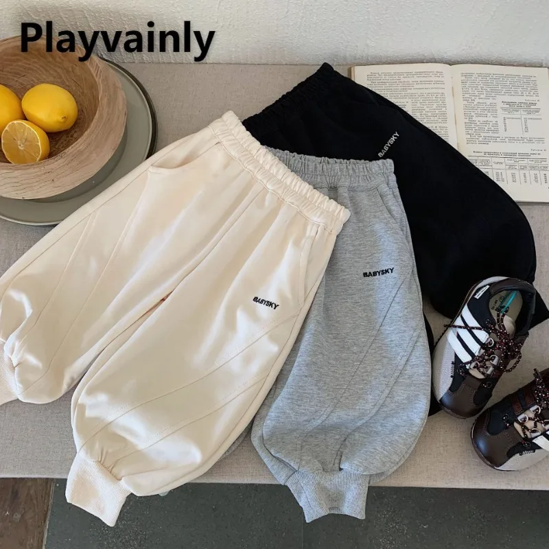 

Children Boy Girl Casual Sweatpants 2025 New Black Grey Beige Letter Embroidery Wide Leg Jogger Pants for Spring Autumn H0001