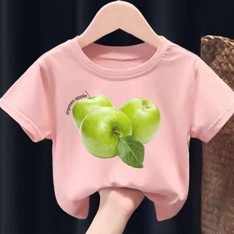 Camiseta de Manga Corta con Estampado de Manzana Verde, Cuello Redondo, Informal, para Niños y Niñas, Ropa de Verano de Fibra de Poliéster