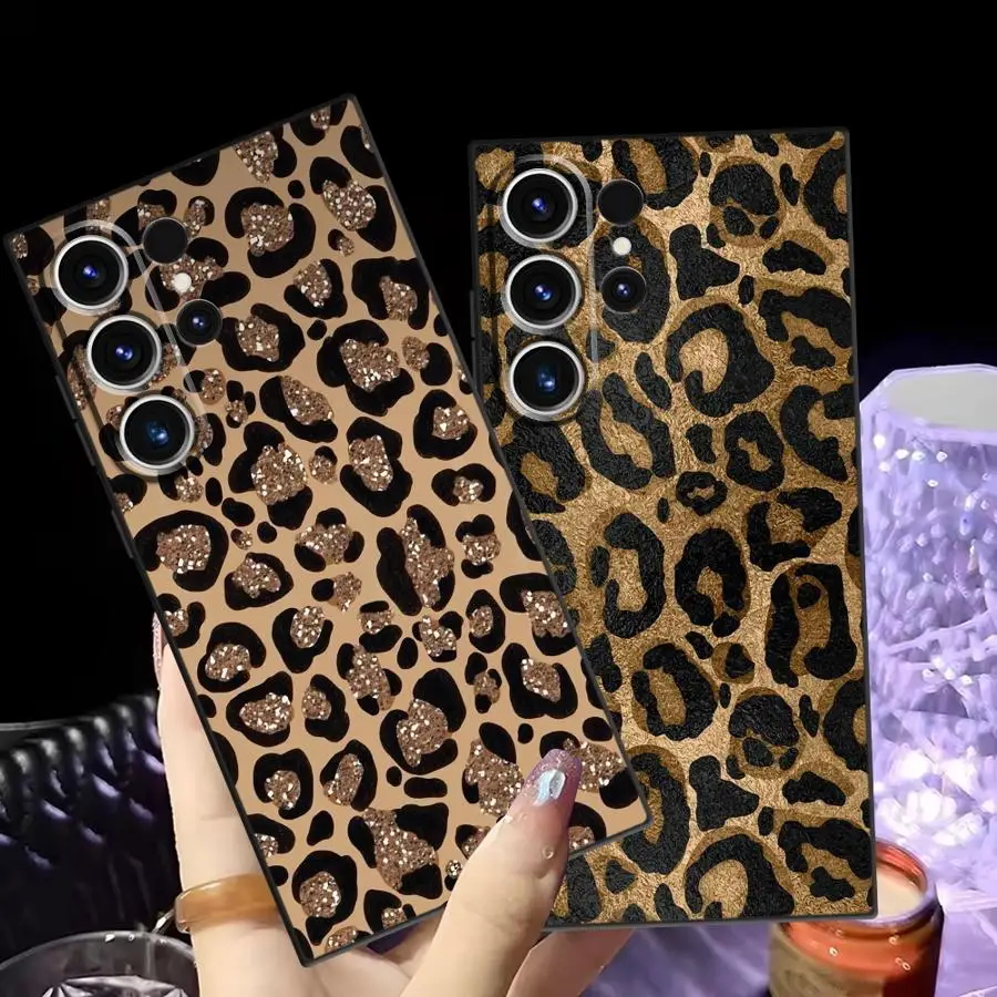 Black Soft Phone Cover Case for Samsung Galaxy S23 Ultra S25 Edge S24 Plus S20 S21 FE Cartoon Leopard Print Pattern