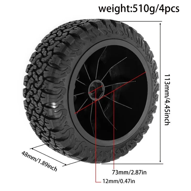 Pneu dianteiro e traseiro de 113mm, 4 unidades, 1/10, pneu de caminhão de curso curto para trxs slash arrma senton sctx10 hpi huanqi 727 vkar 10sc