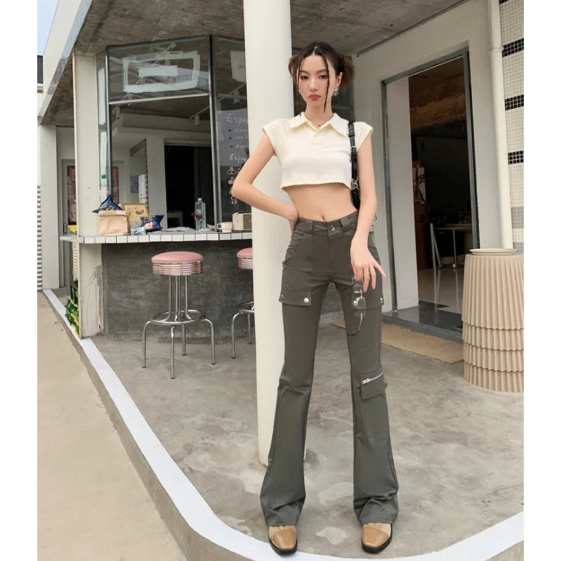 Green Cargo Pants Solid Y2K Style Women American Vintage Fashion Straight Wide Leg Pants High Street Female Summer NEW Trouser