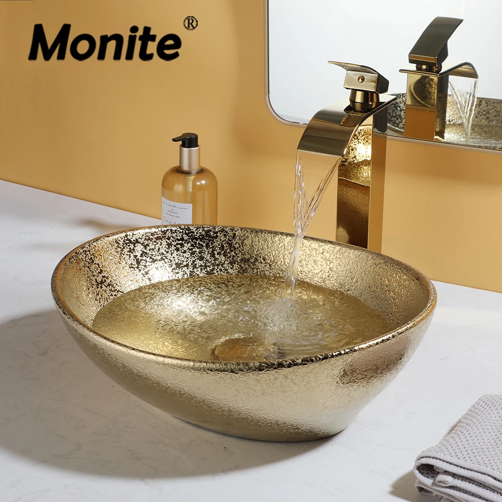 

Monite Marbling Oval Bathroom Vessel Sink Ceramic Basin Vanity Bowl Above Counter with Mixer Waterfall Faucet Pop-up Drain Set