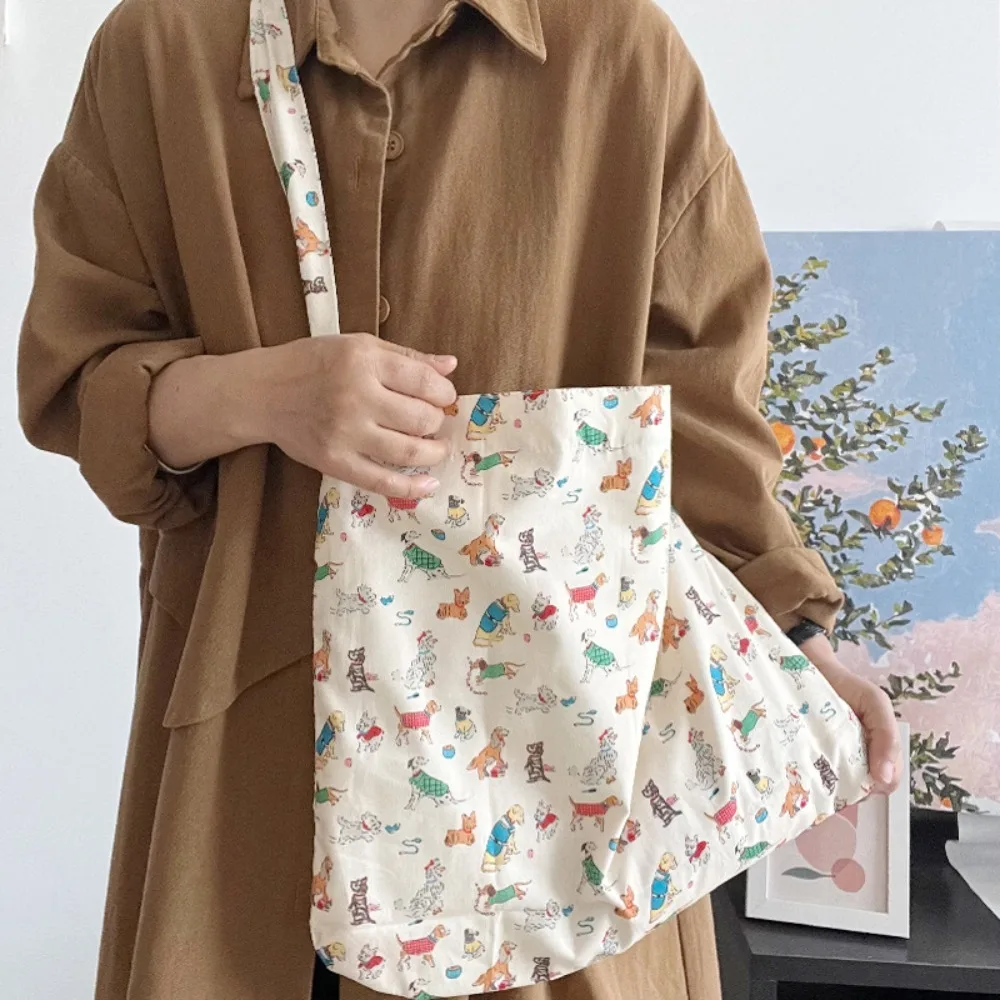 Cute Puppy Print Shoulder Bag Soft Handbag Square Shape Large Tote Bag Cartoon Shopping Bag For Women Girls Storage Pouch