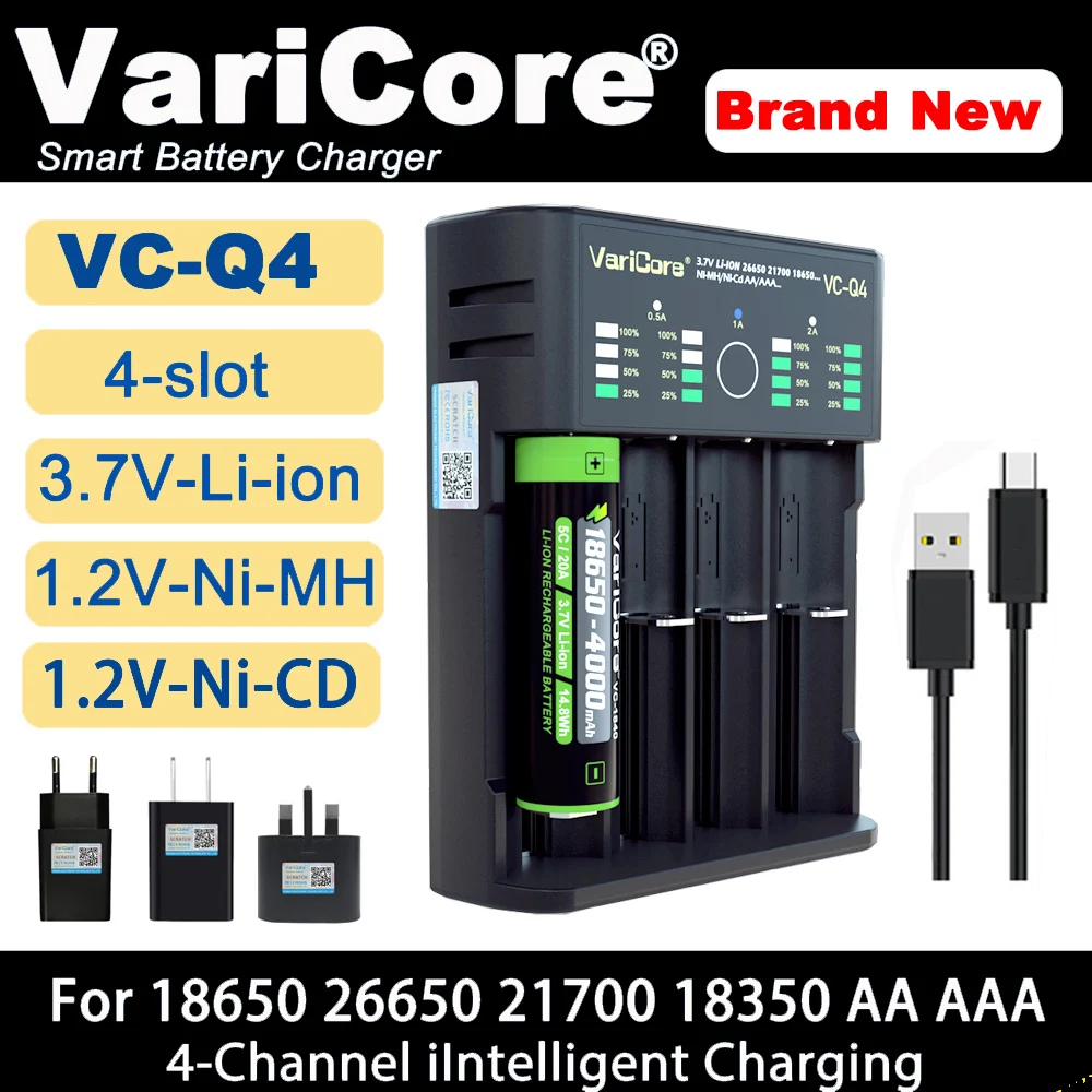 

4-slot Intelligent Battery Charger Portable for 3.7V Lithium 18650 26650 21700 18500 18350 1.2v Ni-MH AA AAA