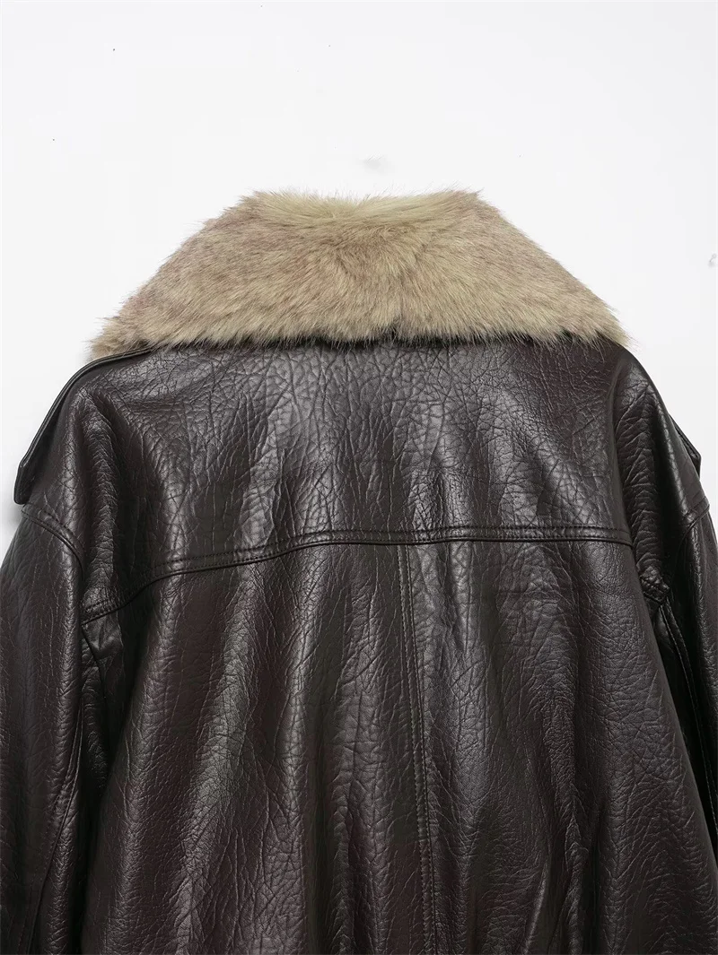 Women's Jacket 2025 Autumn/Winter New Style Dark Brown Long-Sleeve Faux Leather Jacket with Large Fur Collar Casual Fashion