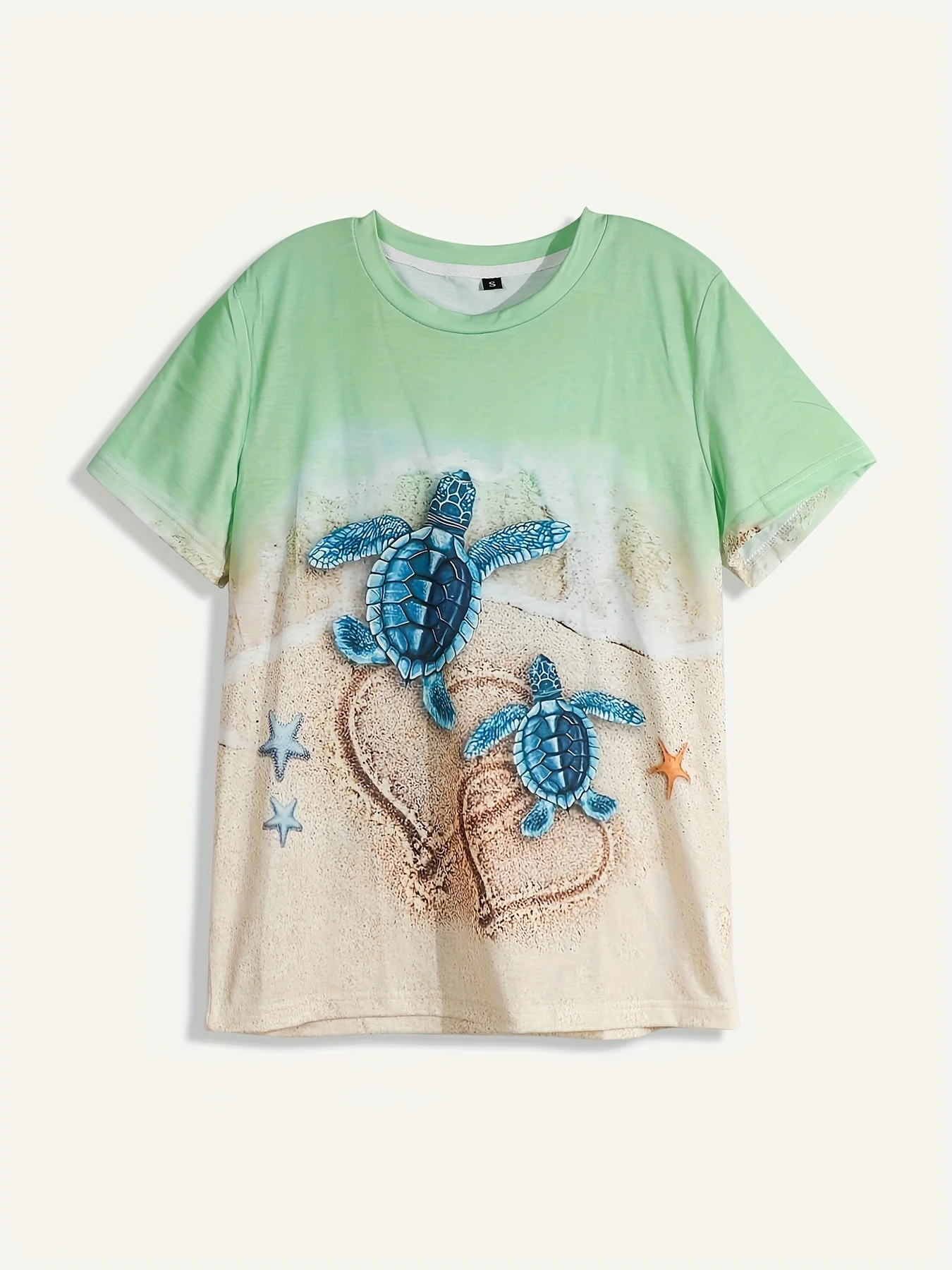 Mint Beach Turtle Women's Tee - Blue Turtle Pair & Heart Sand Graphic, Coastal Vacation Print Design for Casual Daily Wear
