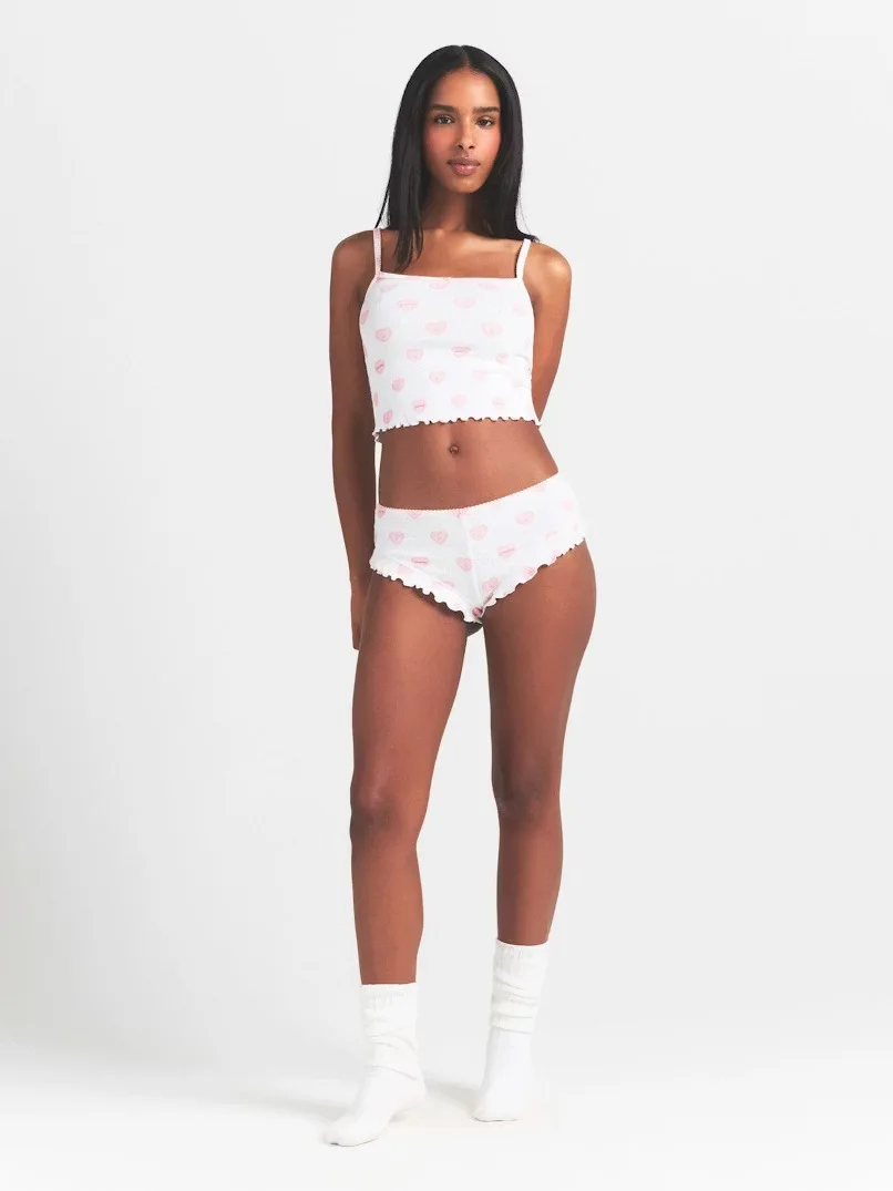 

Love Heart Print Hollow out Cotton Summer Fashion Set Women's Strap Shorts Trendy Ensemble Hollow out Design Casual Wear