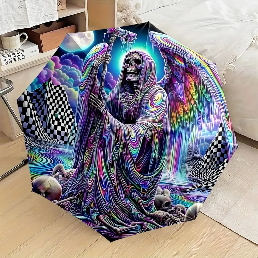 1PC "Colorful Grim Reaper Artwork Umbrella Design" Print 8 Iron Ribs Folding Umbrella Auto-Open Fashion Sunshade