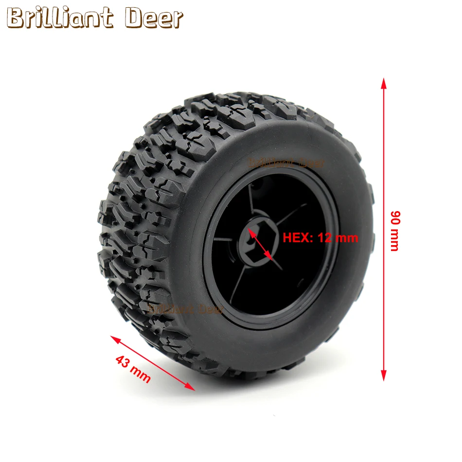 4PCS 90mm Monster Truck Tires Off Road Buggy Rubber Wheels 12mm Hex Hubs for 1/14 Wltoys 144010 MJX Hyper Go 14209 14210 RC Car